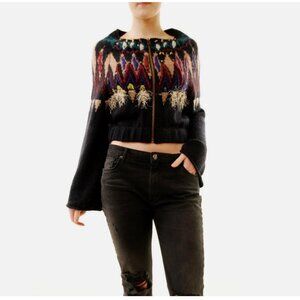 Free People Aztec Navajo Cardi Sweater Studded Zip Front Mohair Wool Blend Sz L